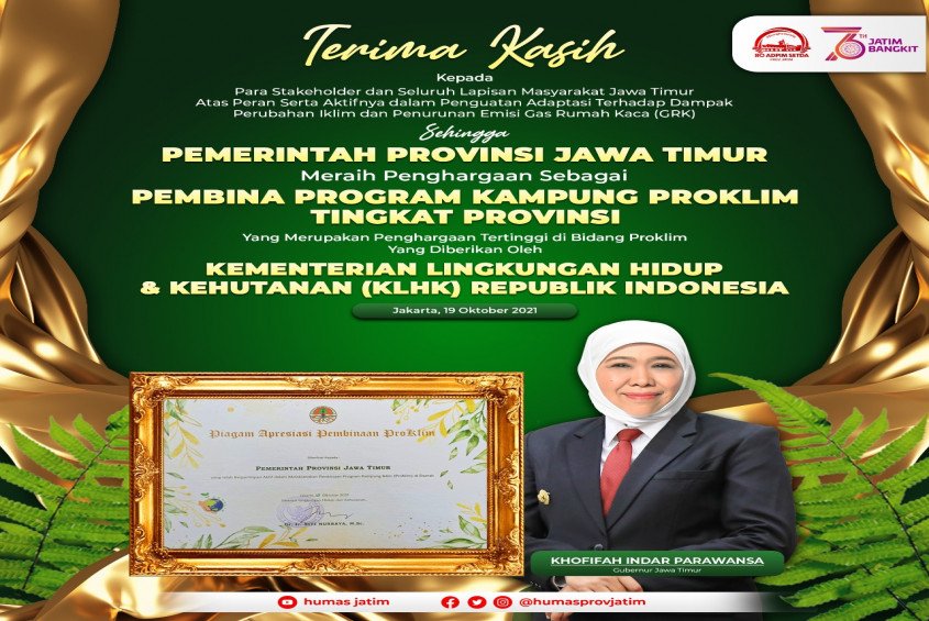 Pemprov Jawa Timur Raih Penghargaan Proklim 2021 dari KLHK