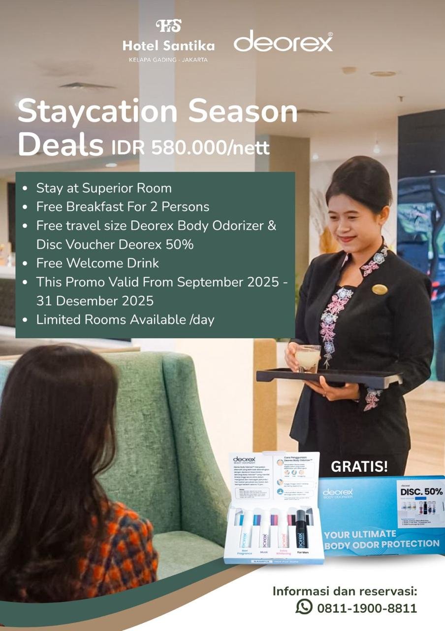 Hotel Santika Kelapa Gading Hadirkan Promo Kamar dan Kuliner Spesial Plus Bonus Deorex Gratis