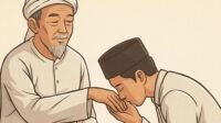 Ilustrasi santri cium tangan kiai. (ftnews-copilot)-281020259000 Bolehkan Mencium Tangan Guru atau Kiai? Ini Penjelasan Lengkap Menurut Ulama