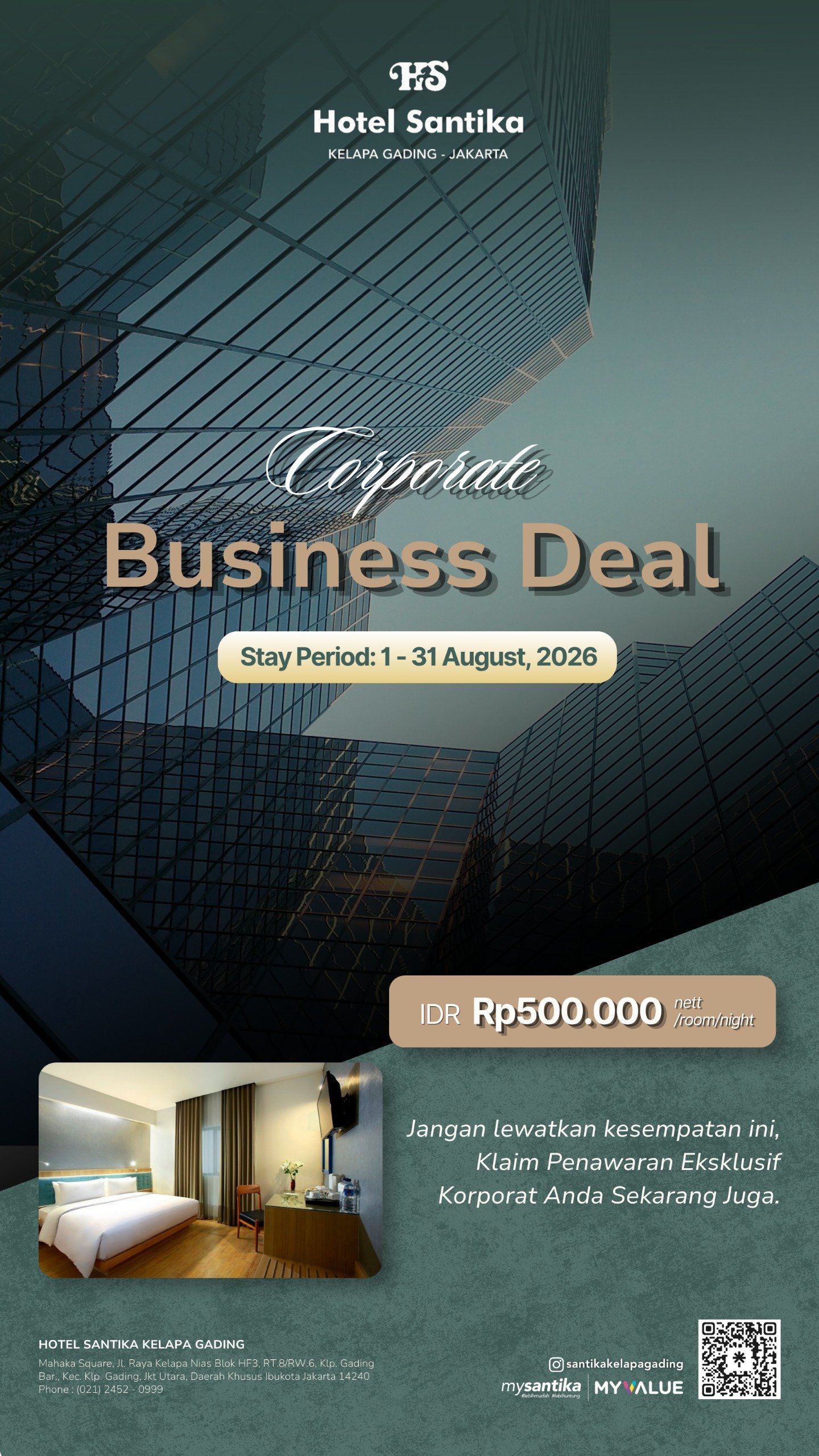 Corporate Business Deal Hotel Santika Kelapa Gading, Menginap Mulai Rp500.000 Nett Selama Agustus 2026
